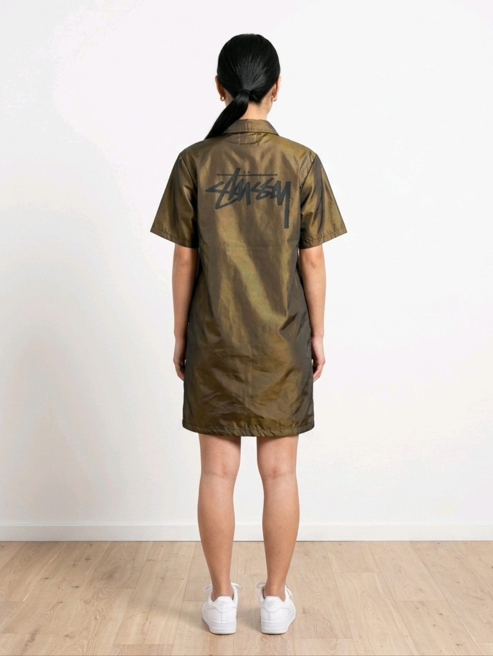 Stüssy Nina Layer Dress Olive Green Logo Shirt Dress Y2K Alt Girl Skater Size L